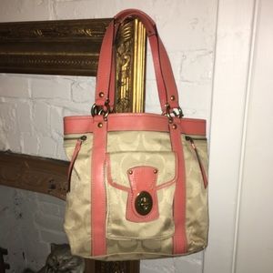 Coach Khaki + Coral Signature C Tote Style F13103